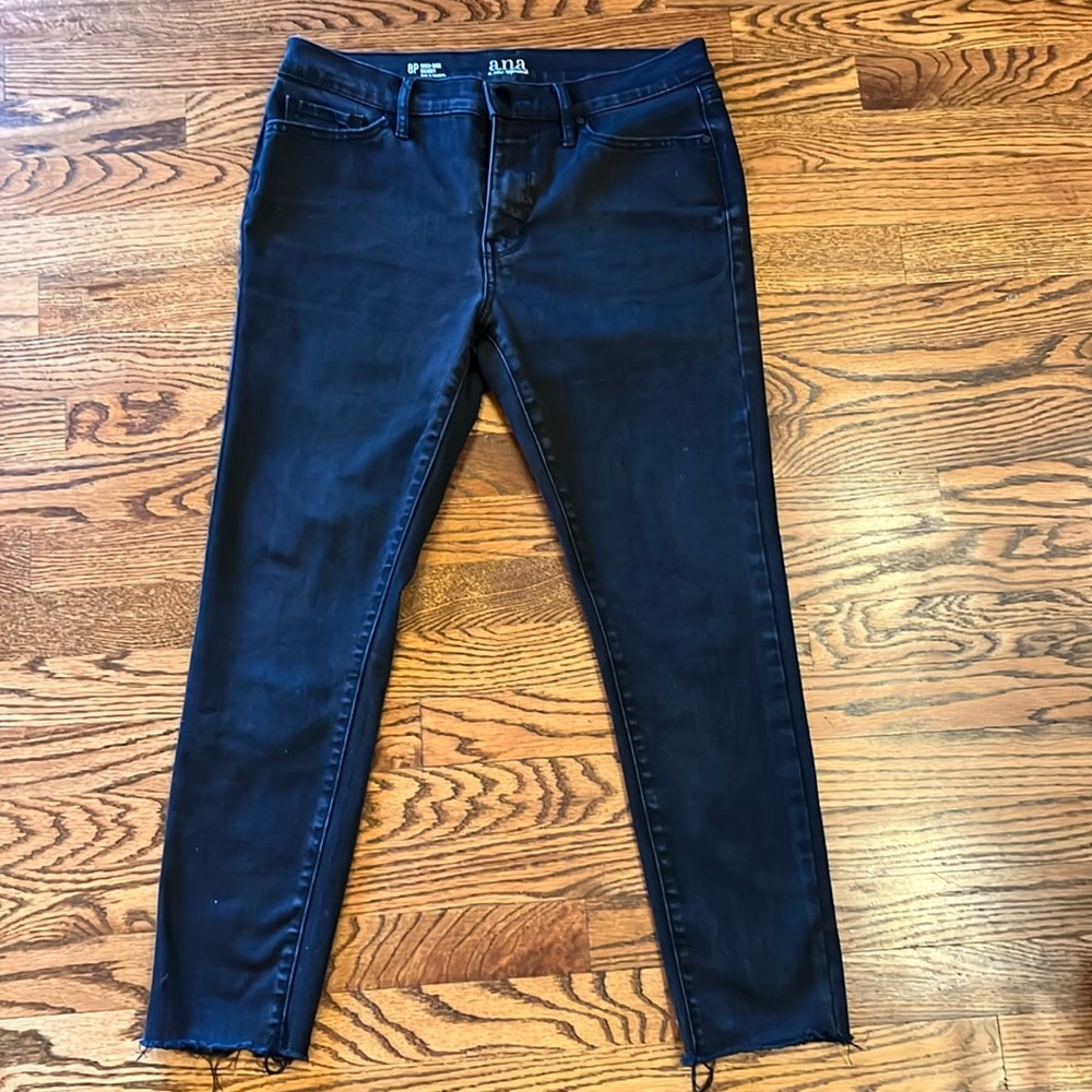 Ana black skinny high rise jeans with frayed hems, size 8 petite